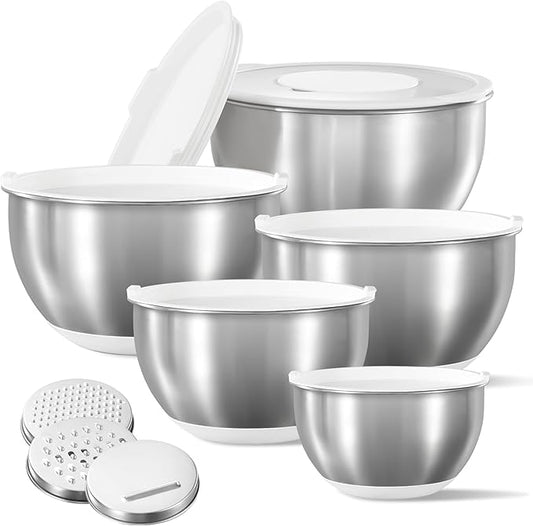 CAROTE Stainless Steel Mixing Bowls with Lids Set,12 Pcs Nesting Bowls Clear Airtight Lids 3 Grater Attachments,Non-Slip Bottoms & Measurement Marks Mixing Bowls,Size 5,3,2,1.5,1QT by CAROTE