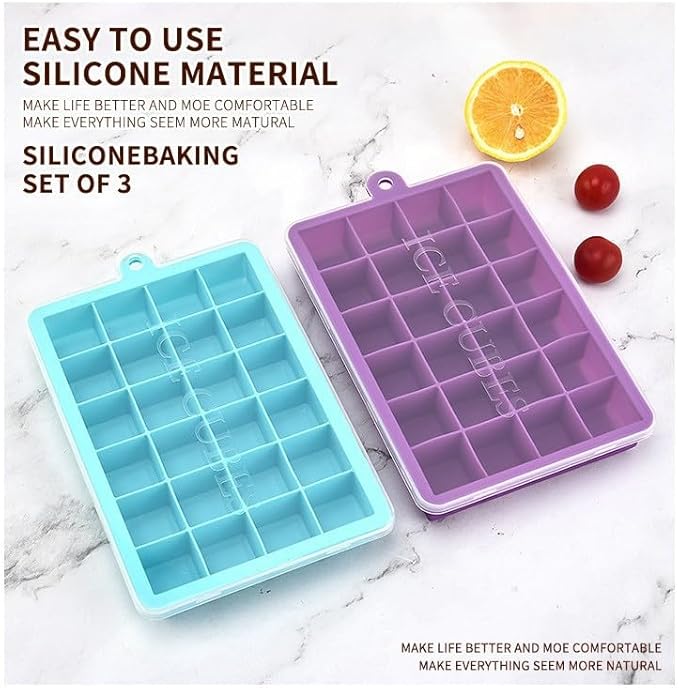 Ice Cube Tray with Lid and Bin,3 Pack 72 Cubes Silicone Plastic Ice Cubes Trays for Freezer with Box/Container,Reusable IceTray,Perfect for Cocktails, Drinks,and Ice Coffee
