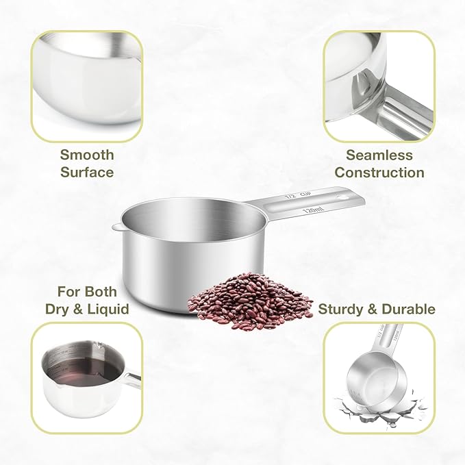 2PCS 1/2Cup (120ml, 4oz) Single Measuring Cup, Etched Inner Scale Stainless Steel Measure Scoop, Metric and US Measurement, Dishwasher Safe - Image 5