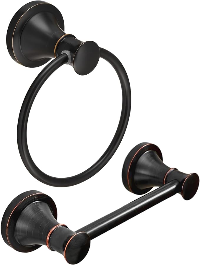 RUMOSE Toilet Paper Holder and Hand Towel Ring Oil Rubbed Bronze Wall Mount Bathroom Hardware Accessories 2 PCS Set Flexible Pivoting Toilet Tissue Roll Holder and Towel Hanger, Stainless Steel