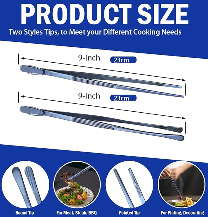 JETKONG 2 Pcs 9-Inch Cooking Tweezer Tongs Stainless Steel Kitchen Tweezers Plating Tongs (Navy Blue) - Image 3