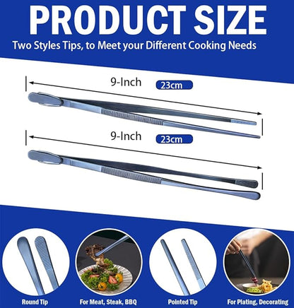 JETKONG 2 Pcs 9-Inch Cooking Tweezer Tongs Stainless Steel Kitchen Tweezers Plating Tongs (Navy Blue) - Image 3
