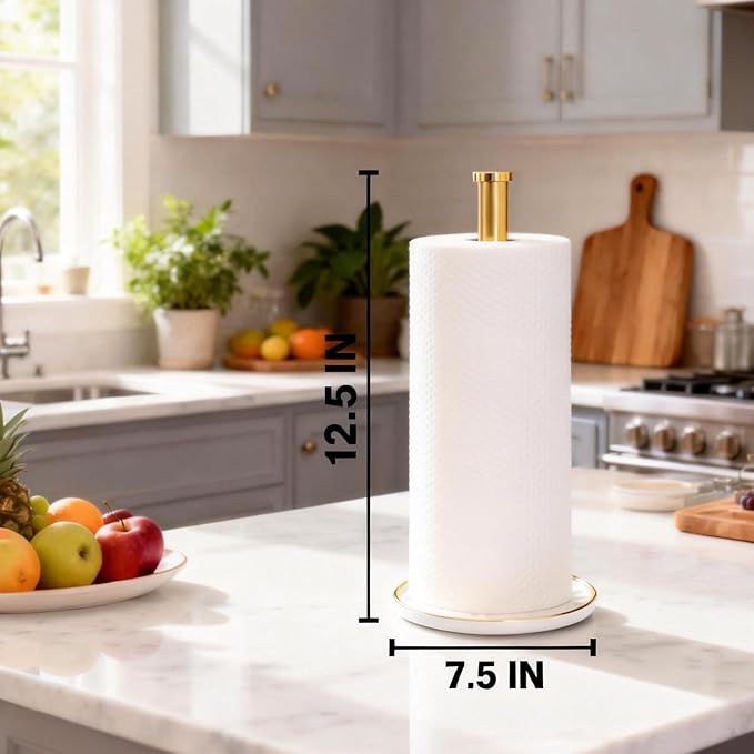 Paper Towel Holder Countertop,Kitchen Paper Towels Holder with Weighted Ceramic Base, Golden Paper Towel Holders for Standard and Large Size Rolls - Image 3