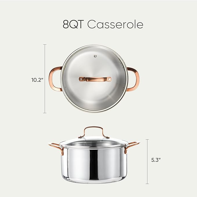 CAROTE 8 Qt Tri-Ply Stainless Steel Stockpot, Non-Toxic Stock Pot with Lid, Soup Pot for Pasta, Even Heating, Oven Safe, Induction, Ceramic and Gas Cooktops Compatible, Sliver - Image 2