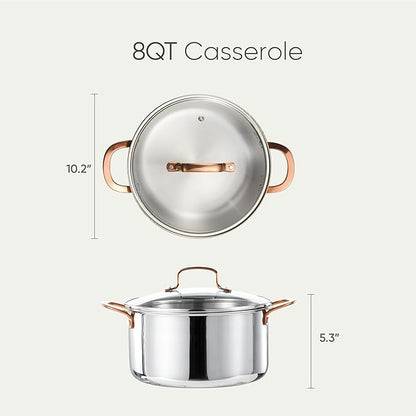 CAROTE 8 Qt Tri-Ply Stainless Steel Stockpot, Non-Toxic Stock Pot with Lid, Soup Pot for Pasta, Even Heating, Oven Safe, Induction, Ceramic and Gas Cooktops Compatible, Sliver - Image 2