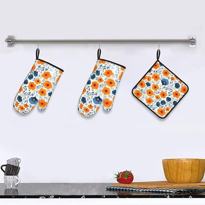 Spring Orange Blue Floral Oven Mitts and Pot Holders Sets of 3, Heat Resistant Non-Slip Burnt Orange Navy Flowers Kitchen Gloves Hot Pads for Cooking BBQ Grilling, Chef Baking Gifts for Women Baker - Image 2