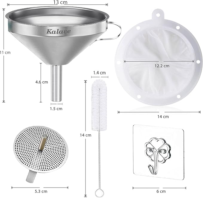 KALAVE Premium Stainless Steel Funnel, 5 Inch Food Grade Kitchen Funnels with 200 Mesh Food Filter Strainer for Filling Bottles, Oils, Juice, Wine, Coffee, Milk - Image 2