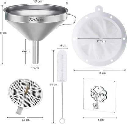 KALAVE Premium Stainless Steel Funnel, 5 Inch Food Grade Kitchen Funnels with 200 Mesh Food Filter Strainer for Filling Bottles, Oils, Juice, Wine, Coffee, Milk - Image 2