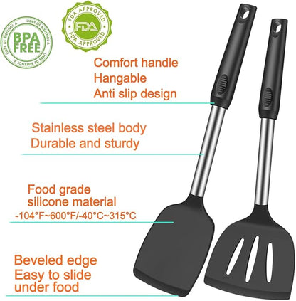 KLAQQED 5Pcs Silicone Spatula Heat Resistant Long Large Spatulas Set for Nonstick Cookware, Rubber Pancake Fish Turner Spatula for Kitchen Use Silicone Cooking Kitchen Utensils Set Black