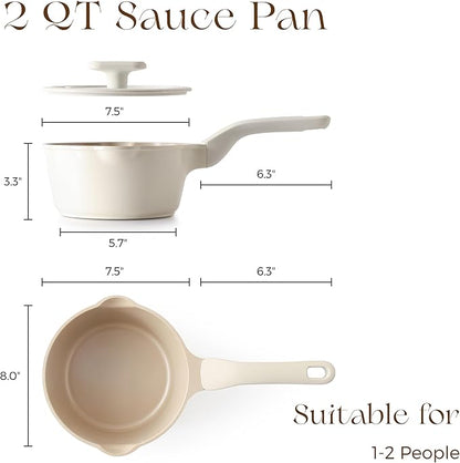 PRICUSIS Ceramic Nonstick Saucepan with Lid, 2 Quart Non Toxic Pot with Pour Spouts, Full Coated, 100% Dishwasher Safe, Induction Compatible & Oven Safe, PTFE PFAS & PFOA Free, Coconut White - Image 8