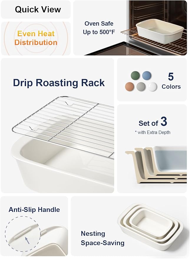 LE TAUCI Deep Casserole Dishes for Oven, 13.7”x9.6” Ceramic Baking Dish Set with Roasting Racks, Large Lasagna Pans with Handles, Rectangular Bakeware as Gift for Mom, White (4.6QT/3.0QT/1.6QT), Set of 3 - Image 2