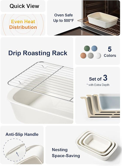 LE TAUCI Deep Casserole Dishes for Oven, 13.7”x9.6” Ceramic Baking Dish Set with Roasting Racks, Large Lasagna Pans with Handles, Rectangular Bakeware as Gift for Mom, White (4.6QT/3.0QT/1.6QT), Set of 3 - Image 2