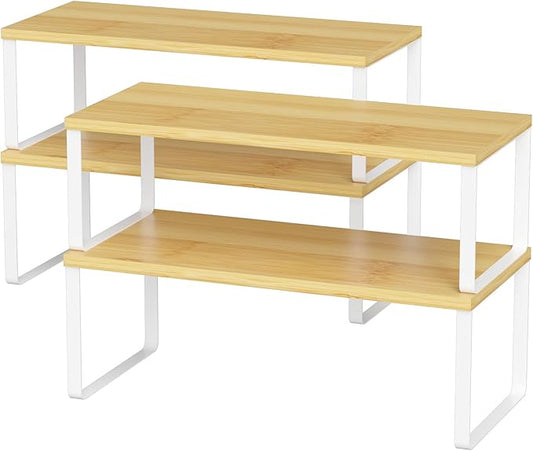 NEX Kitchen Cabinet and Counter Shelf Organizer, Stackable & Expandable, Set of 4, White and Natural - 7.7 x 15.6 x 6.2'' by NEX