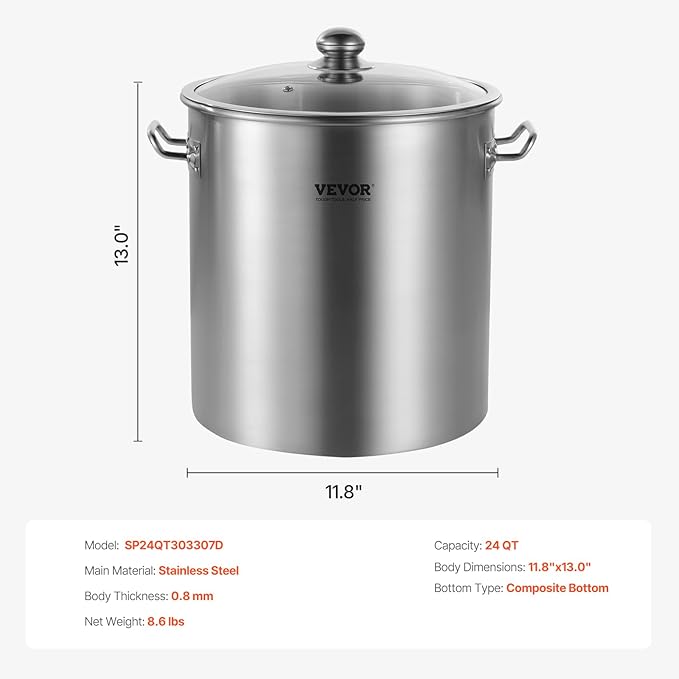 VEVOR Stainless Steel Stockpot, 24 Quart Cooking Pots, Cookware Sauce Pot with Lid, and Handle, Heavy Duty Commercial Grade Stock Pot, Sanding Treatment, for Steaming Boiling or Frying Silver - Image 7