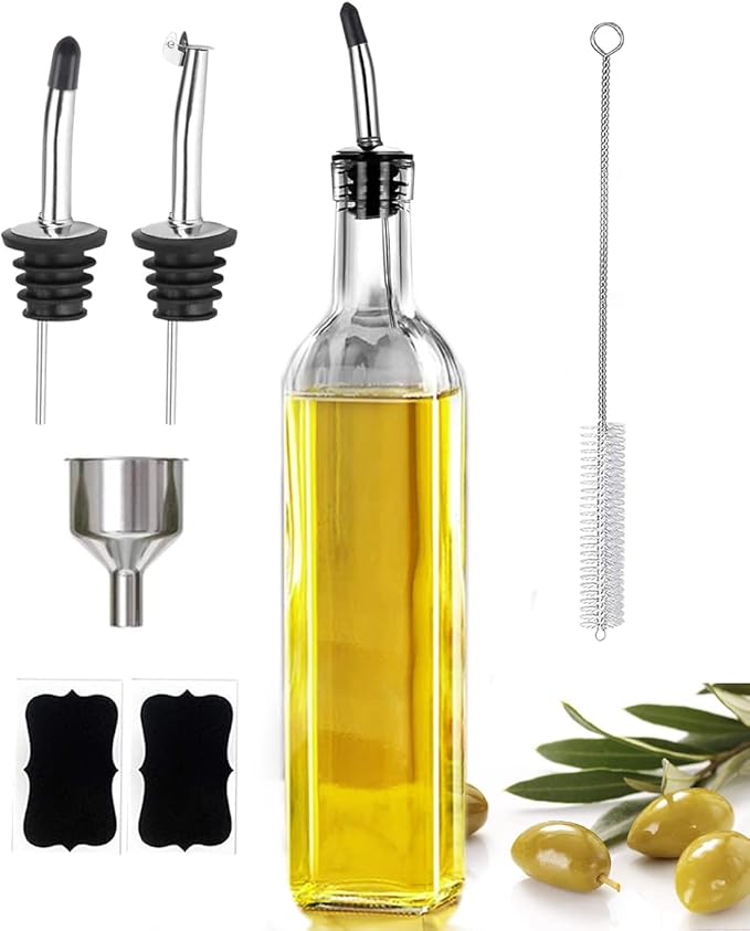 Leaflai 17oz Olive Oil Dispenser Bottle, 500ml Oil & Vinegar Cruet with 2 Stainless Steel Pourers, 2 Labels,1 Brush and 1 Funnel for Kitchen by Leaflai