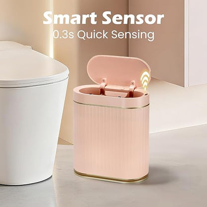 SYNCVIBE Bathroom Sensor Trash Can with Lid Automatic 2 Gallon Motion Sensor Garbage Bin, 7.5 Liter Slim Waterproof Plastic Wastebasket, Bathroom Decor for Bedroom, Office, Living Room, Pink