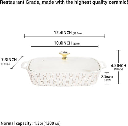 10" x 7" Ceramic Casserole Dish with Glass Lid, 1.3 QT Serving Soup Tureen,Chafing Dish for Buffet, Family Food preserve Tray, Catering Casserole for Party Style