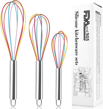 Silicone Whisk Set,Stainless Steel Handle Whisk 8" 10" 12" Rubber Whisks Cooking Non Scratch High Heat Resistant,Balloon Egg Beater for Whisking,Beating,Blending Ingredients,Mixing Sauces,Rainbow by PollyOnline