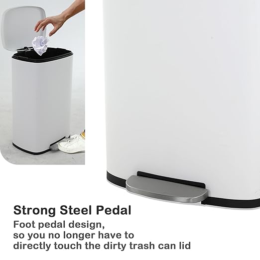 50 Liter Kitchen Trash Can with Lid, Stainless Steel 13 Gallon Trash Can with Foot Pedal and Plastic Inner Bucket, Fingerprint-Resistant Soft Close Lid Garbage Can, Odor Proof and Hygienic, White - Image 4