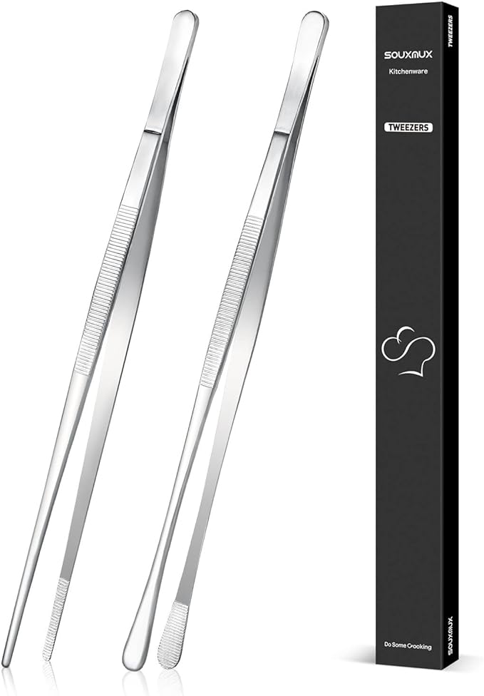 2 Pcs 12-inch Cooking Tweezers Tongs Precision Serrated Tips, Stainless Steel Professional Chef Tweezer Kitchen Tools for BBQ, Plating and Serving（Silver） by SOUXMUX