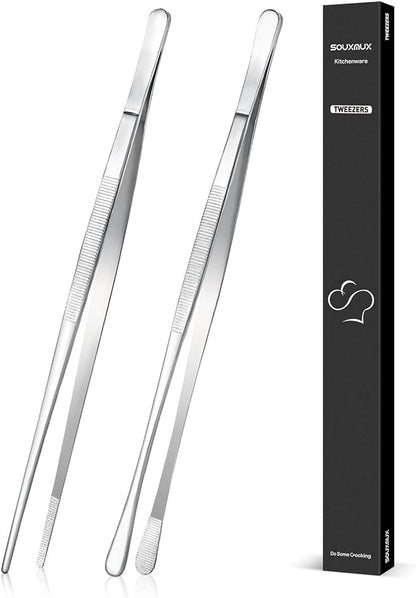 2 Pcs 12-inch Cooking Tweezers Tongs Precision Serrated Tips, Stainless Steel Professional Chef Tweezer Kitchen Tools for BBQ, Plating and Serving（Silver） by SOUXMUX