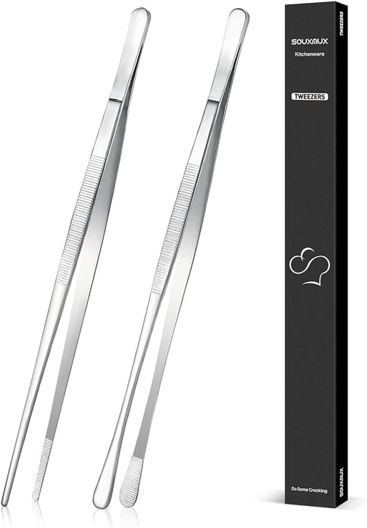 2 Pcs 12-inch Cooking Tweezers Tongs Precision Serrated Tips, Stainless Steel Professional Chef Tweezer Kitchen Tools for BBQ, Plating and Serving（Silver） by SOUXMUX