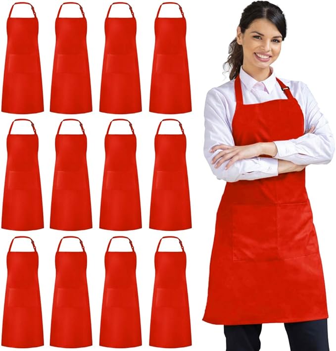 Syntus 12 Pack Bib Apron, Unisex Aprons Adjustable Waterdrop Resistant with 2 Pockets Cooking Kitchen Apron for Chef, BBQ Drawing Apron Bulk, Red by Syntus