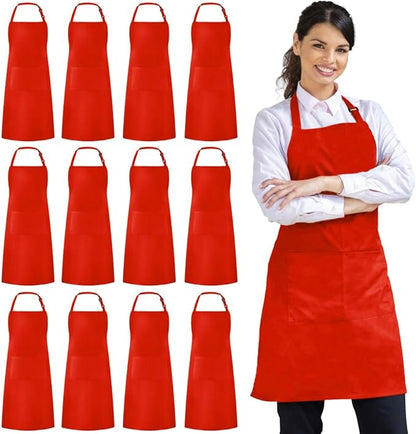 Syntus 12 Pack Bib Apron, Unisex Aprons Adjustable Waterdrop Resistant with 2 Pockets Cooking Kitchen Apron for Chef, BBQ Drawing Apron Bulk, Red by Syntus