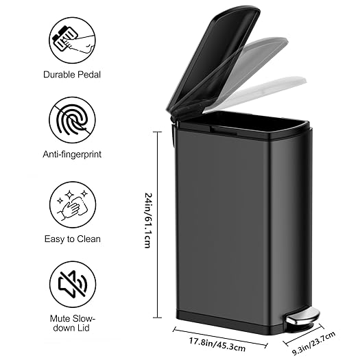 Garvee Slim Kitchen Trash Can 8 Gal, Skinny Stainless Steel Garbage Can with Removable Inner Bucket & Soft Close Lid, Narrow Trash Bin for Bathroom Living Room Office, Black