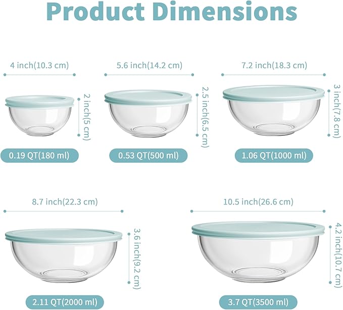 WhiteRhino Glass Mixing Bowl with Lids Set of 5, 0.2, 0.5, 1.1, 2.1, 3.75 QT, Large Salad Bowls with BPA-Free Lids, Space-Saving Nesting Bowls for Kitchen Food Storage, Glass bowl for Cooking, Baking - Image 2