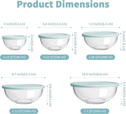 WhiteRhino Glass Mixing Bowl with Lids Set of 5, 0.2, 0.5, 1.1, 2.1, 3.75 QT, Large Salad Bowls with BPA-Free Lids, Space-Saving Nesting Bowls for Kitchen Food Storage, Glass bowl for Cooking, Baking - Image 2