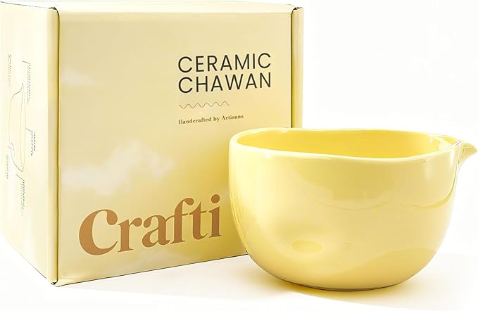 Crafti Ceramic Yellow Matcha Bowl | Golden Hour Butter Yellow | Crafted With Grip Indents | Large Size for 1-3 Matcha Servings | 17 oz / 500ml Capacity