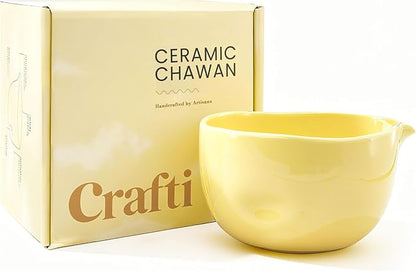Crafti Ceramic Yellow Matcha Bowl | Golden Hour Butter Yellow | Crafted With Grip Indents | Large Size for 1-3 Matcha Servings | 17 oz / 500ml Capacity