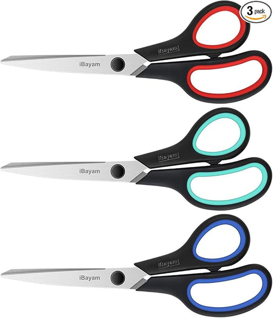 iBayam 3-Pack 8" Heavy Duty Scissors with Ultra Sharp Blades and Comfort Grip Handles - For Office, Home, School, Sewing, and Crafts by iBayamDirect