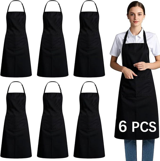 Bib Apron - Unisex Black Aprons 6 Pockets Cooking Kitchen Apron for Chef,BBQ Drawing aprons black (6 PCS)