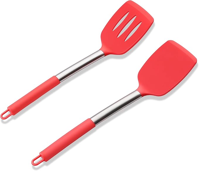 Silicone Spatula Set of 2, E-far Solid & Slotted Turner for Nonstick Cookware, Heat Resistant Rubber Kitchen Cooking Utensils for Flipping Fish Pancake Egg - Red by E-far
