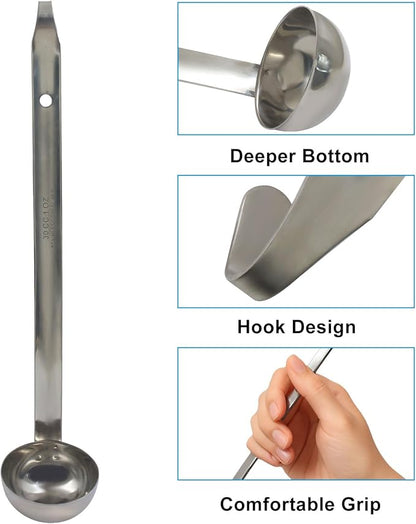 Hitefu 3 Pcs Stainless Steel Soup Ladle Set with Pouring Rim & Long Hooked Handles for Cooking, Serving Soup, Sauce, Stews (1 oz)