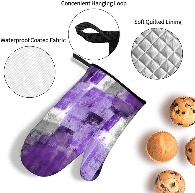 LOKMU Oven Mitts and Pot Holders Set of 3, Purple and Grey White Abstract Art Heat Resistant Kitchen Gloves Hot Pads for Cooking Baking BBQ, Kitchen Decor Gifts for Cooking Lover Cooks