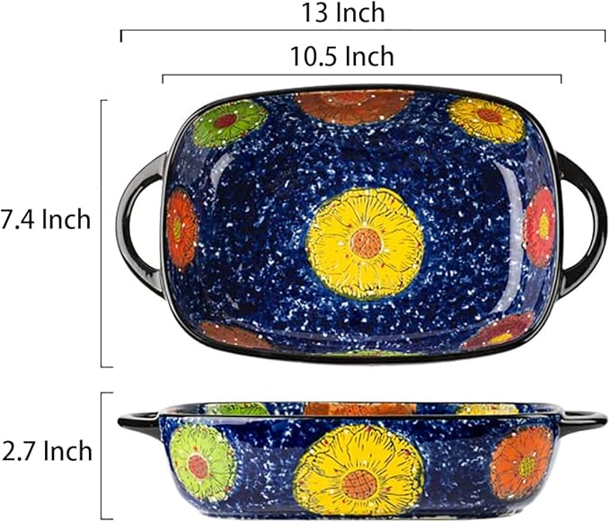 Vintage Style Pottery Bakeware Colorful Daisy Pattern Ceramic Casserole Dish Baking Pan Lasagna Pans Baking Dish with Handles from Oven to Table Plate-1 PCS, 60 OZ - Image 2