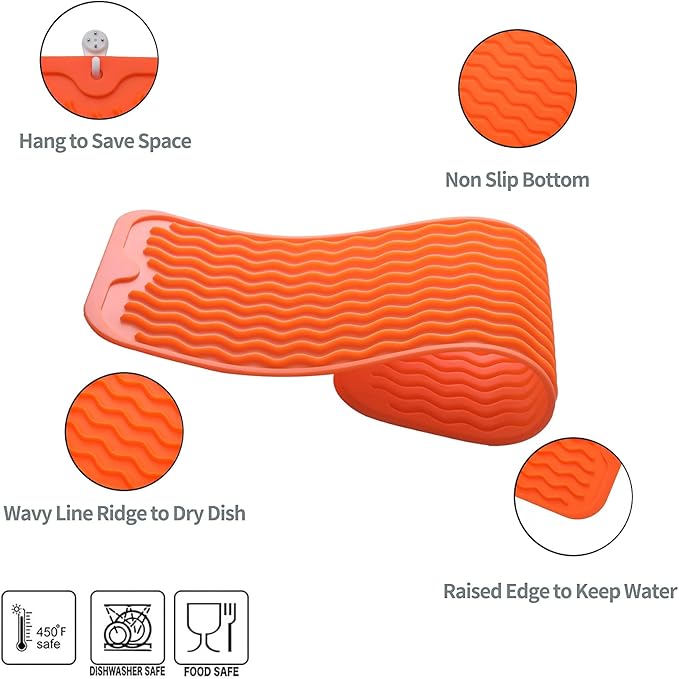 MicoYang Silicone Dish Drying Mat for Multiple Usage,Easy clean,Eco-friendly,Heat-resistant Silicone Mat for Kitchen Counter,Sink,Bar,Bottle,or Cup Orange M 17 inches x 6 inches - Image 3