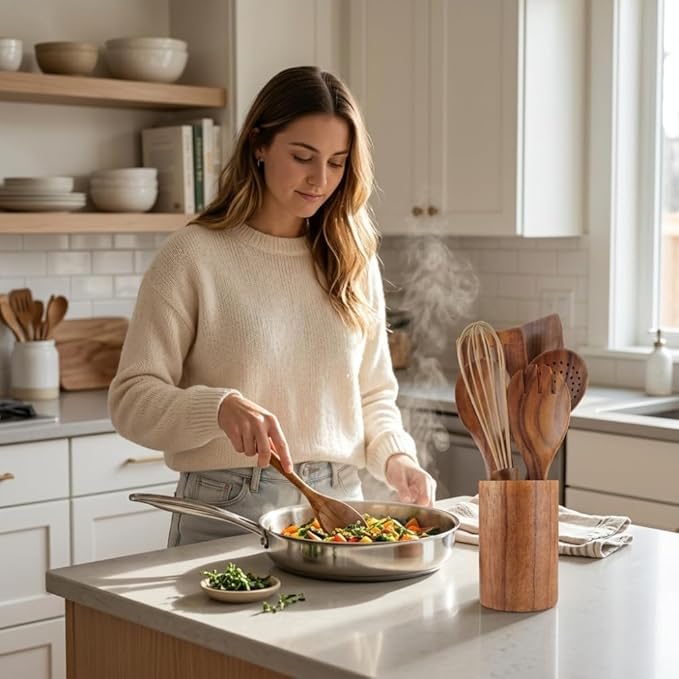 10 Pcs Wooden Utensil Set, 100% Natural Teak Wood Cooking Utensils with Spatula, Turner, Spoon Rest & Holder, Heat Resistant, Lightweight Wooden Spoons for Cooking, Safe for Nonstick Cookware - Image 7