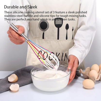 Silicone Whisk set of 3, 8+10+12in Kitchen Balloon Wire Whisks, Hand Egg Mixer Beater for Cooking