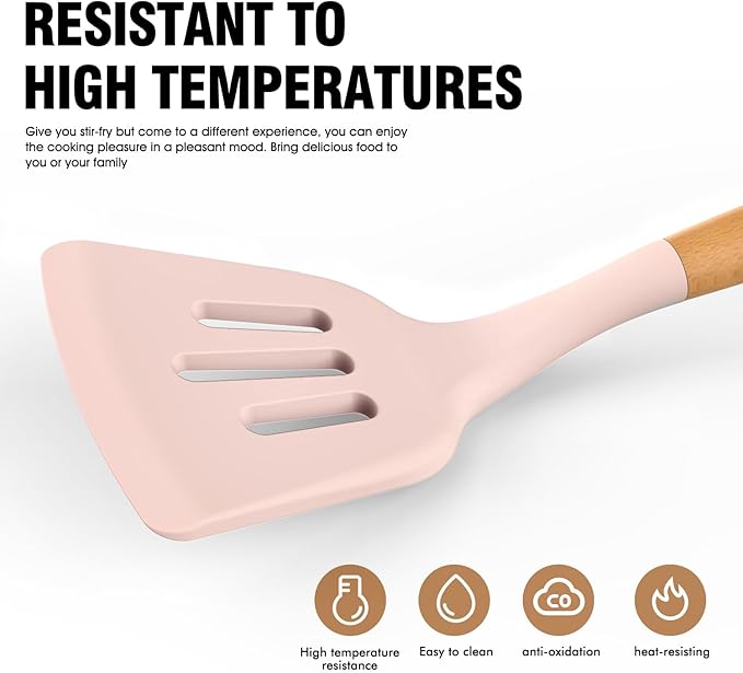 Silicone Cooking Utensils Set - AVGPD Silicone Kitchen Utensils for Cooking Wooden Handles, 446°F Heat Resistant Kitchen Utensil Spatula Sets, Gadgets for Non-Stick Cookware BPA FREE (Multicolour) - Image 2