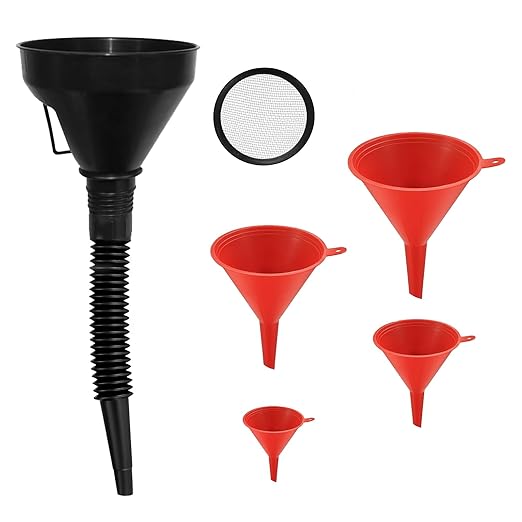 5 Pcs Automotive Funnels Set, Wide Mouth Fuel Funnel, Plastic Long Neck Oil Funnel, Flexible Right Angle Funnels, with Detachable Spout and Filter for Water/Gasoline/Coolant/Engine Oil by HexinYigjly
