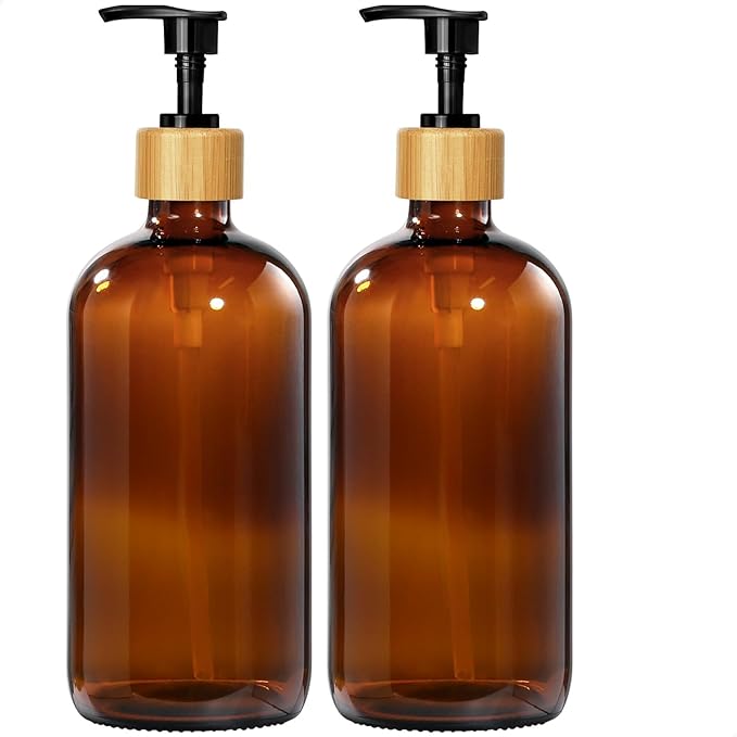 GMISUN Amber Glass Soap Dispenser, 2 Pack Bathroom Hand Soap Dispensers with Bamboo Pump, 17 Fl Oz Kitchen Hand and Dish Soap Dispenser Set, Modern Vintage Liquid Brown Soap Dispensers Bottle by GMISUN