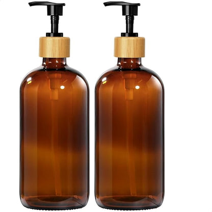 GMISUN Amber Glass Soap Dispenser, 2 Pack Bathroom Hand Soap Dispensers with Bamboo Pump, 17 Fl Oz Kitchen Hand and Dish Soap Dispenser Set, Modern Vintage Liquid Brown Soap Dispensers Bottle by GMISUN