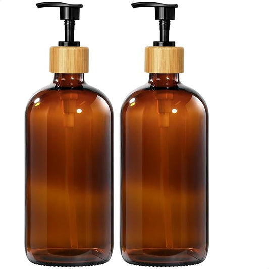 GMISUN Amber Glass Soap Dispenser, 2 Pack Bathroom Hand Soap Dispensers with Bamboo Pump, 17 Fl Oz Kitchen Hand and Dish Soap Dispenser Set, Modern Vintage Liquid Brown Soap Dispensers Bottle by GMISUN
