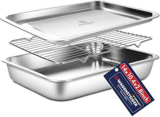 Stainless Steel Food Prep Container with Rack & Lid (Tray), 4.54Quarts, Catering Pans, Restaurant Pans, Buffet Party pan, Roasting Pan with Rack, Bakeware Roaster, Casserole (1307 / No7)