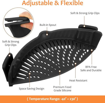YEVIOR Clip on Strainer for Pots Pan Pasta Strainer, Silicone Food Strainer Hands-Free Pan Strainer, Clip-on Kitchen Food Strainer for Spaghetti, Pasta, Ground Beef Fits All Bowls and Pots (Black) - Image 2