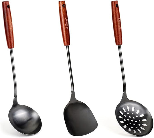 FJNATINH Wok Spatula and Ladle,Skimmer Ladle Tool Set, 17inches Spatula for Wok, 304 Stainless Steel Wok Spatula,Black by HOMEKITCHENTOOL